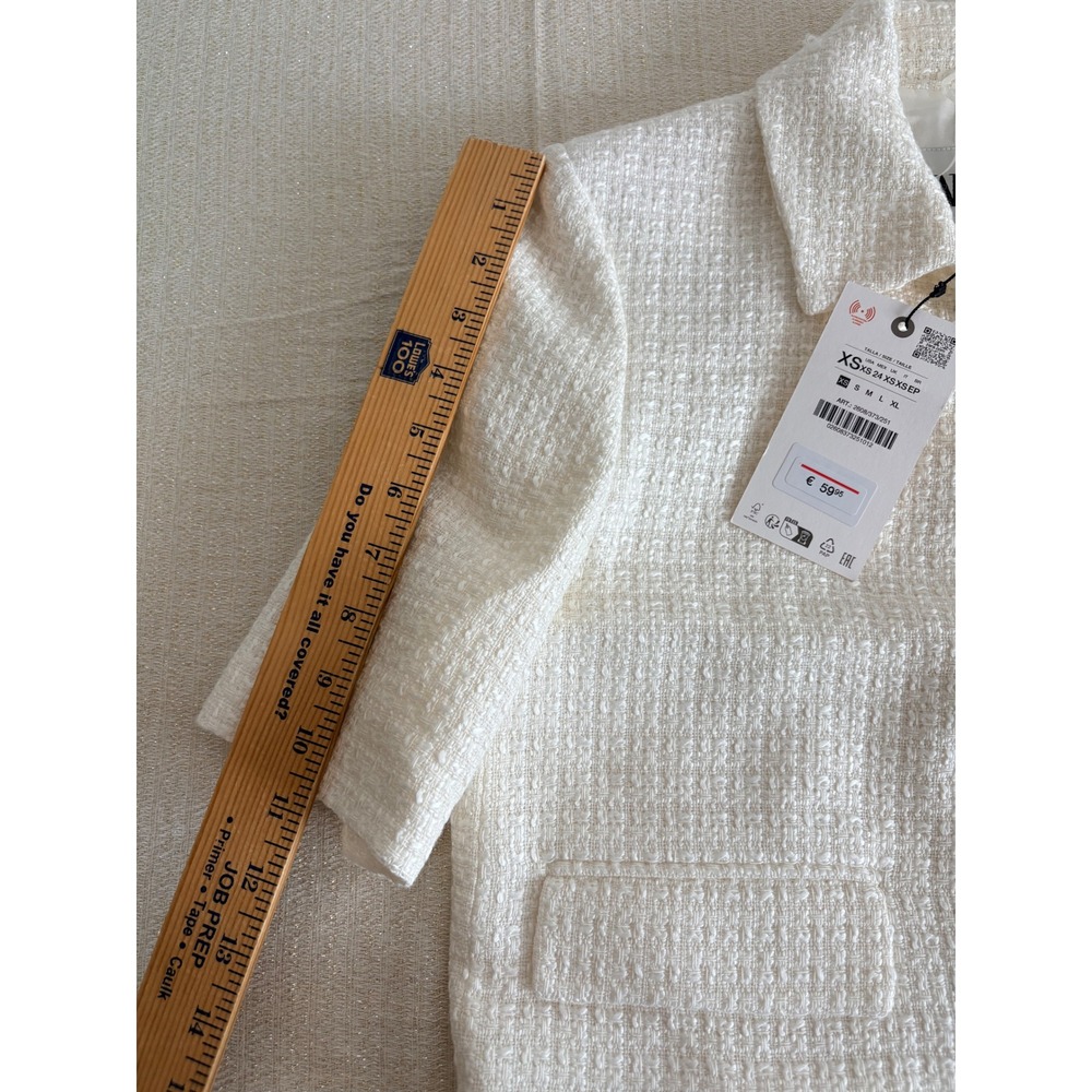 Zara Tweed Cropped Jacket XS‎ Cream White New Crystal Flower Button Short Sleeve - Picture 7 of 12